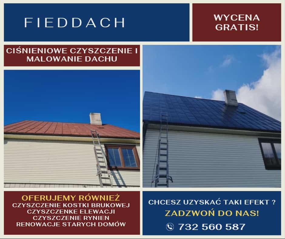 Dom z dachem przed i po czyszczeniu/malowaniu. Po lewej dach czerwony, po prawej granatowy. Na dachu drabina. Oferta: czyszczenie kostki, elewacji, rynien.