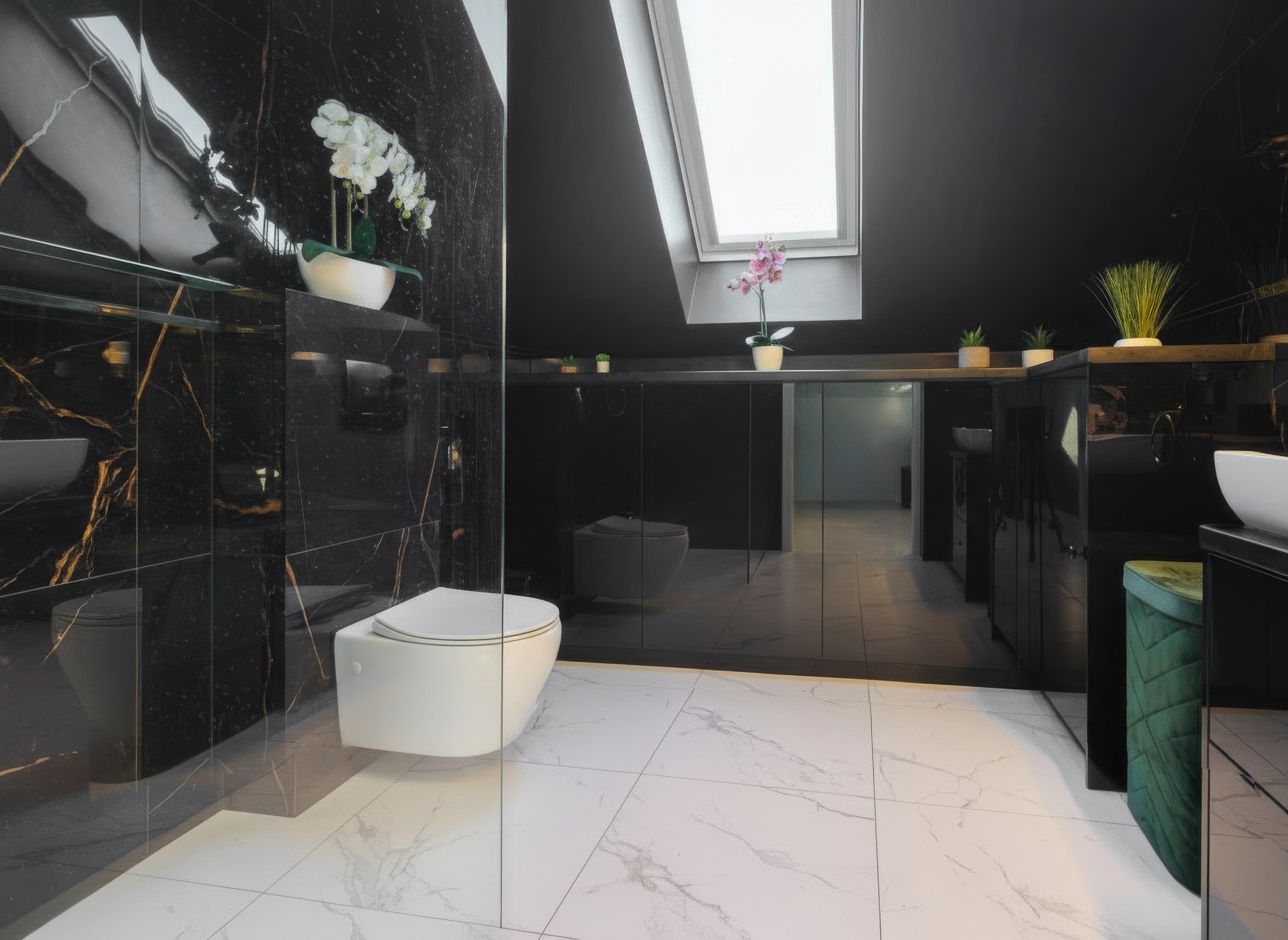 Elegancka łazienka na poddaszu z czarnymi ścianami z marmuru i białymi płytkami podłogowymi. Uwagę przykuwa okno dachowe i minimalistyczna toaleta.