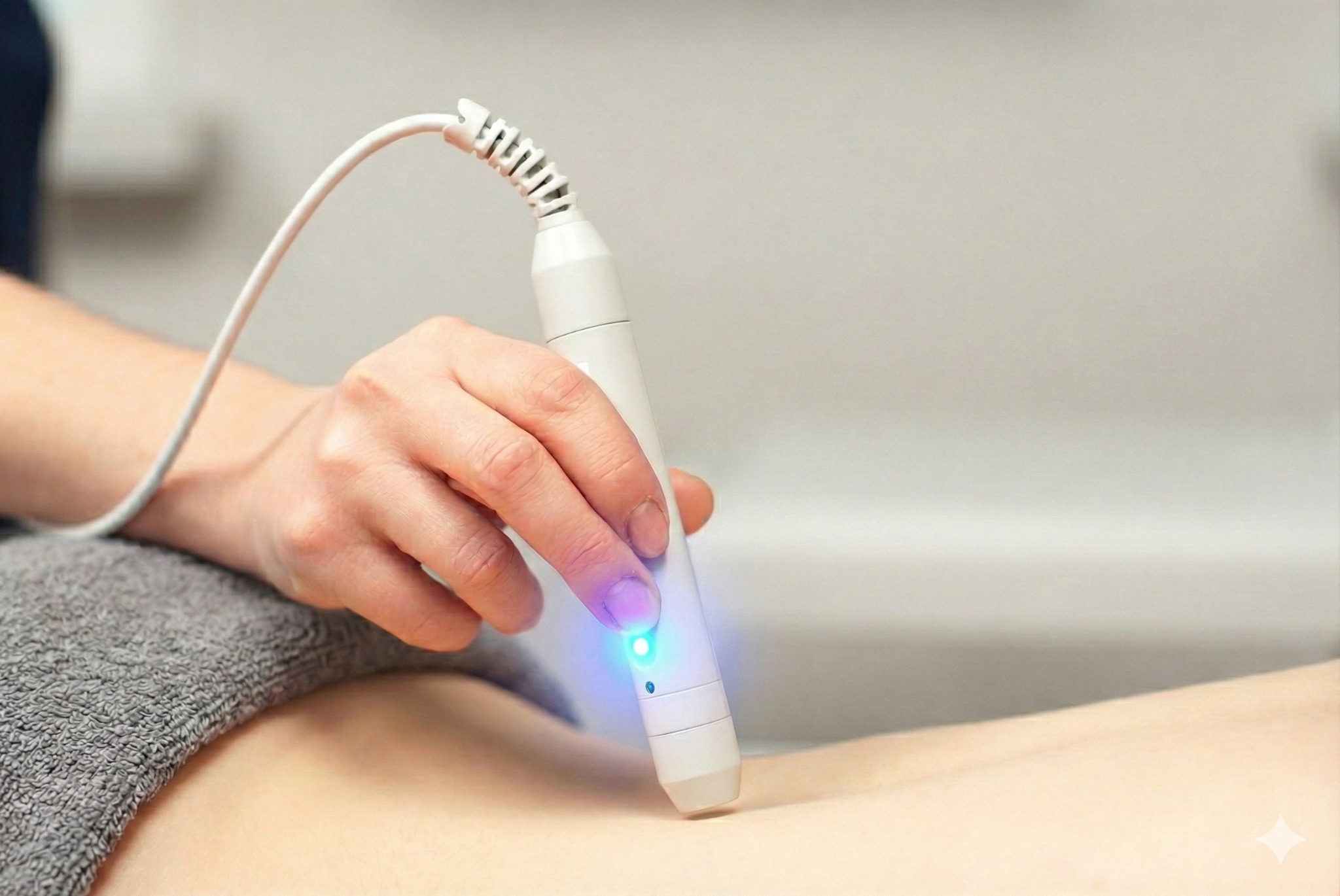 Laseroterapia: dłoń terapeuty aplikuje laser na skórę pacjenta. Widoczny biały laser z niebieskim światłem, kabel i fragment ciała pacjenta na szarym tle.