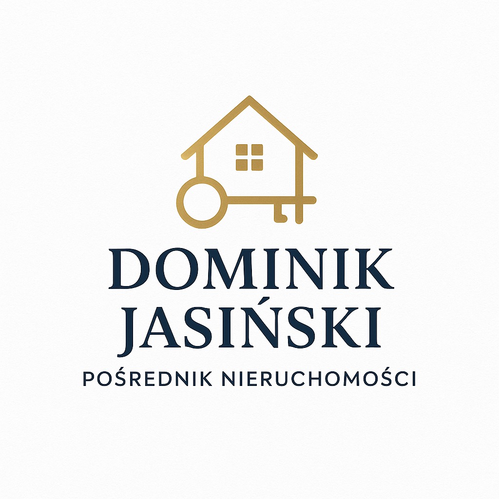 Eleganckie logo: złoty klucz-dom nad granatowym napisem 'Dominik Jasiński Pośrednik Nieruchomości' na białym tle. Minimalistyczny design, profesjonalny wizerunek.