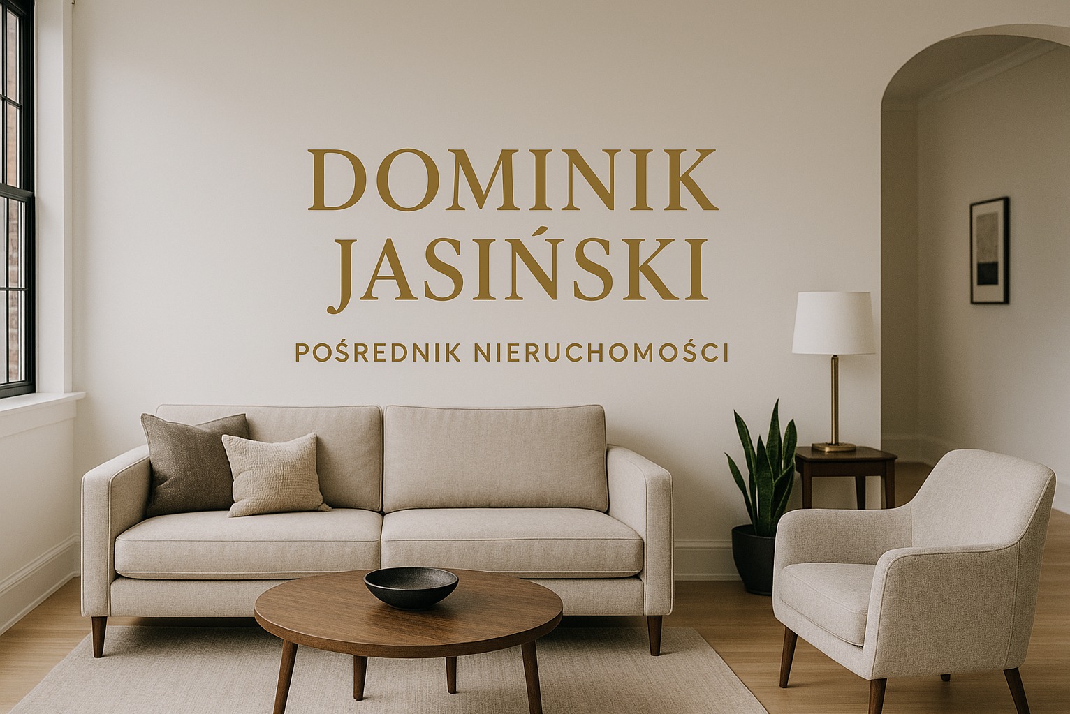 Jasne wnętrze z beżową sofą, fotelem i stolikiem kawowym. Na ścianie złoty napis: Dominik Jasiński, pośrednik nieruchomości. Minimalistyczny wystrój.