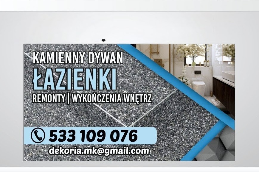 Grafika reklamowa: łazienka z kamiennym dywanem, remonty i wykończenia wnętrz. Kontakt: numer telefonu i adres e-mail. Ujęcie fragmentu wykończonej łazienki.