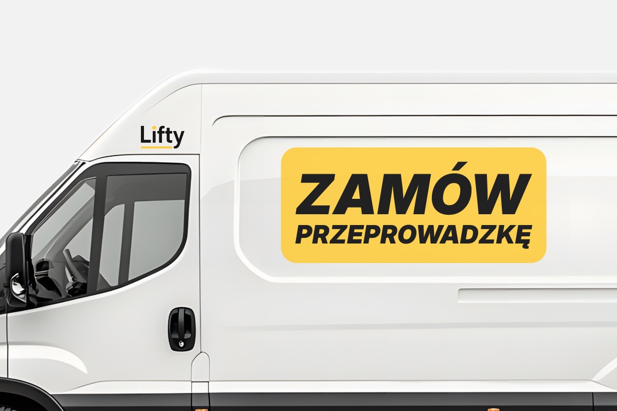 Biały bus firmy Lifty z żółtym napisem 'Zamów Przeprowadzkę' na boku, zaparkowany na zewnątrz. Minimalistyczny design, czyste tło.