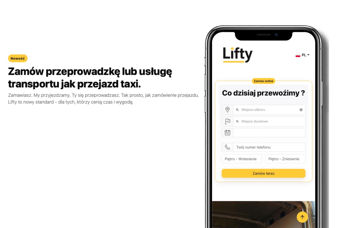 Aplikacja mobilna Lifty do zamawiania transportu i przeprowadzek jak taksówki, z formularzem zamówienia i logo firmy. Zamów online, wygoda i szybkość.