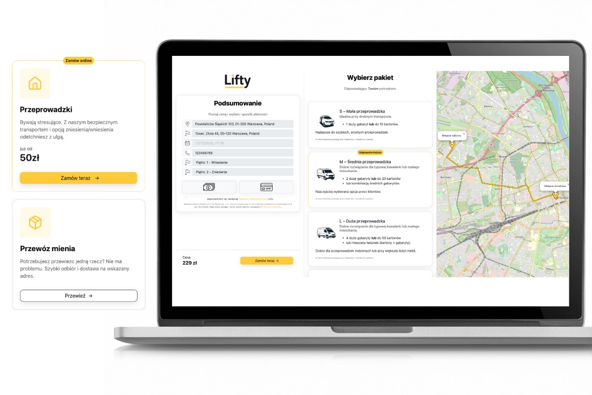 Laptop z otwartą stroną firmy Lifty, oferującej przeprowadzki. Widoczne pakiety przeprowadzek i podsumowanie zamówienia. Żółte akcenty graficzne.