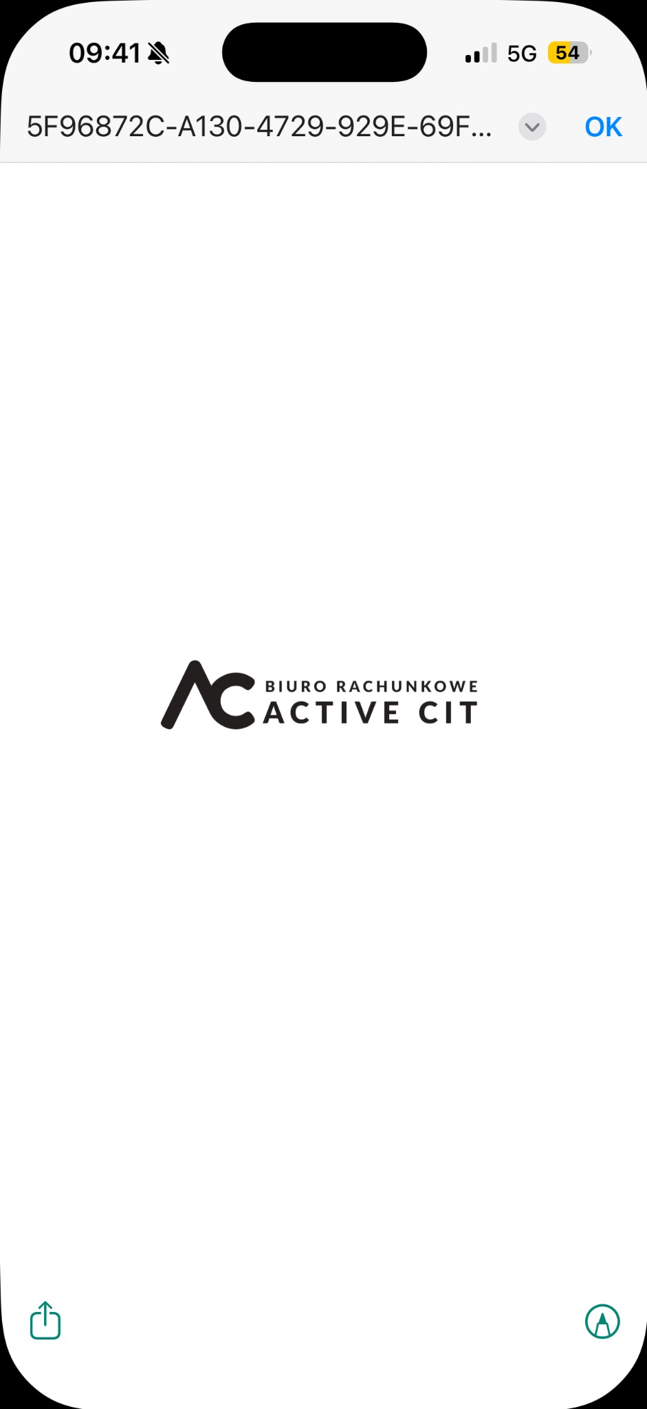 Ekran smartfona z wyświetlonym logo 'AC ACTIVE CIT Biuro Rachunkowe' na białym tle. Widoczne ikony stanu telefonu: zasięg, bateria, godzina.