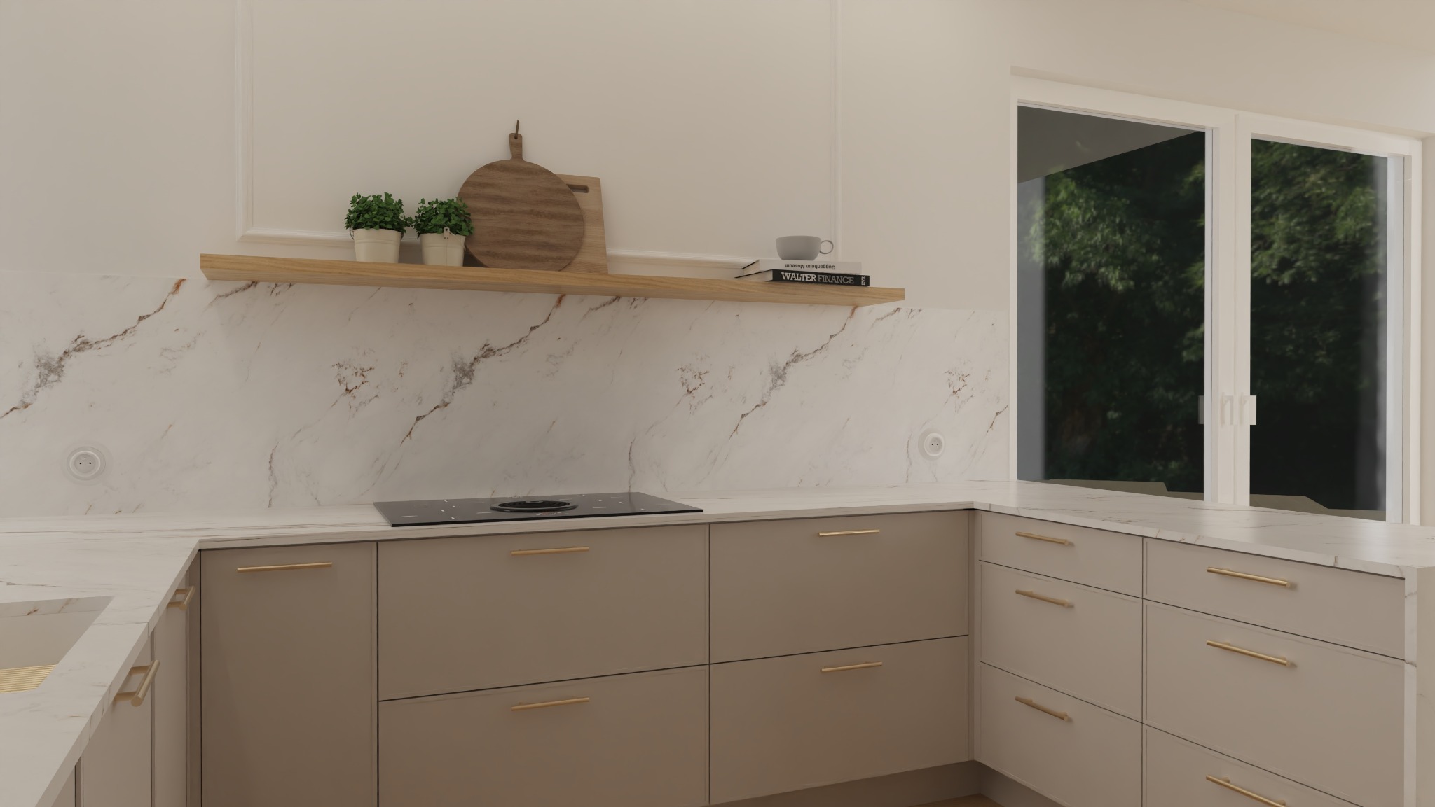 Jasna kuchnia z marmurowym blatem i beżowymi szafkami. Na półce drewniana deska, zioła i książki. Widok na zieleń za oknem. Minimalistyczny design.