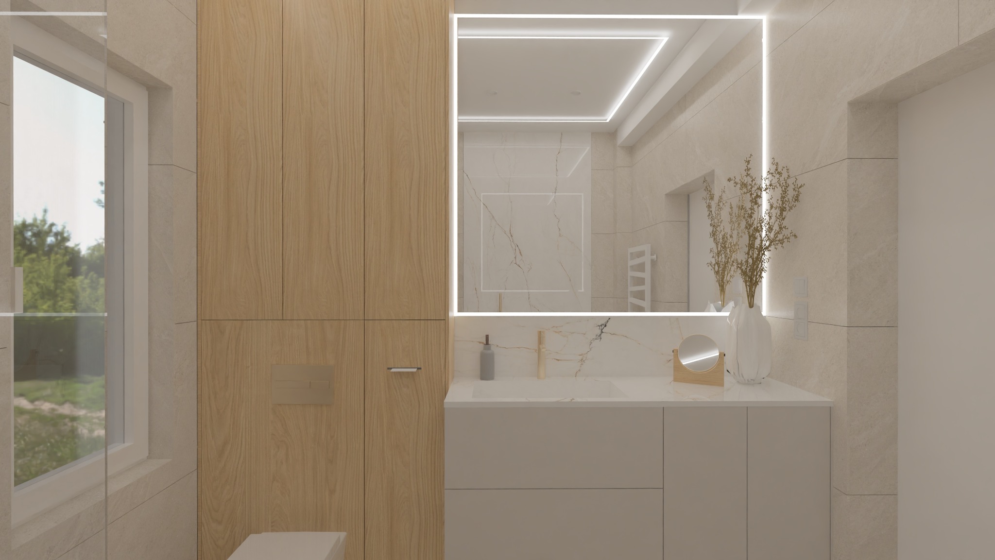 Jasna łazienka z drewnianą szafką, podświetlanym lustrem i marmurowym blatem. W oknie widok na zieleń. Minimalistyczny design z akcentami natury.