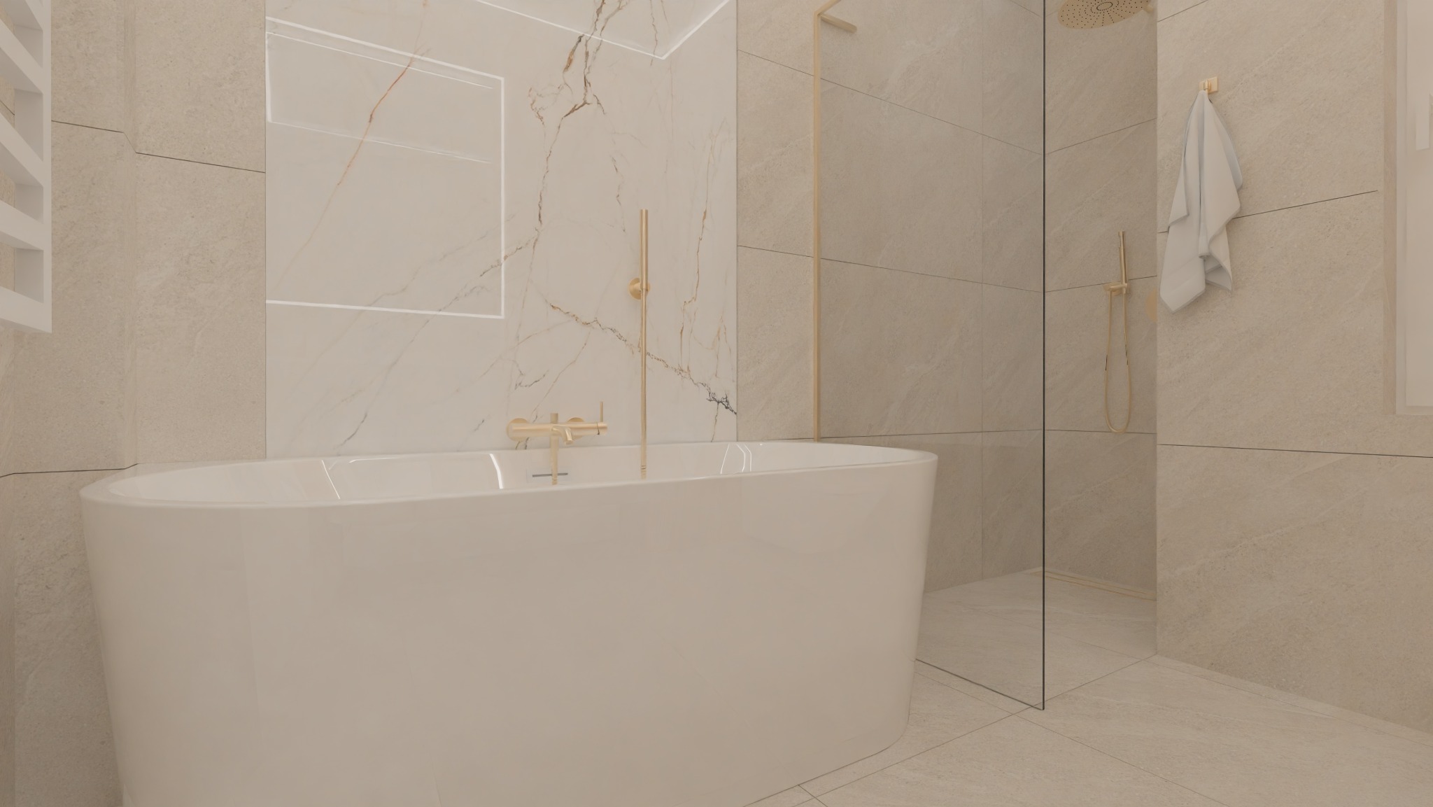 Nowoczesna łazienka z owalną wanną, złotą armaturą i kabiną prysznicową ze szklaną ścianką. Beżowe płytki imitujące marmur na ścianach i podłodze.