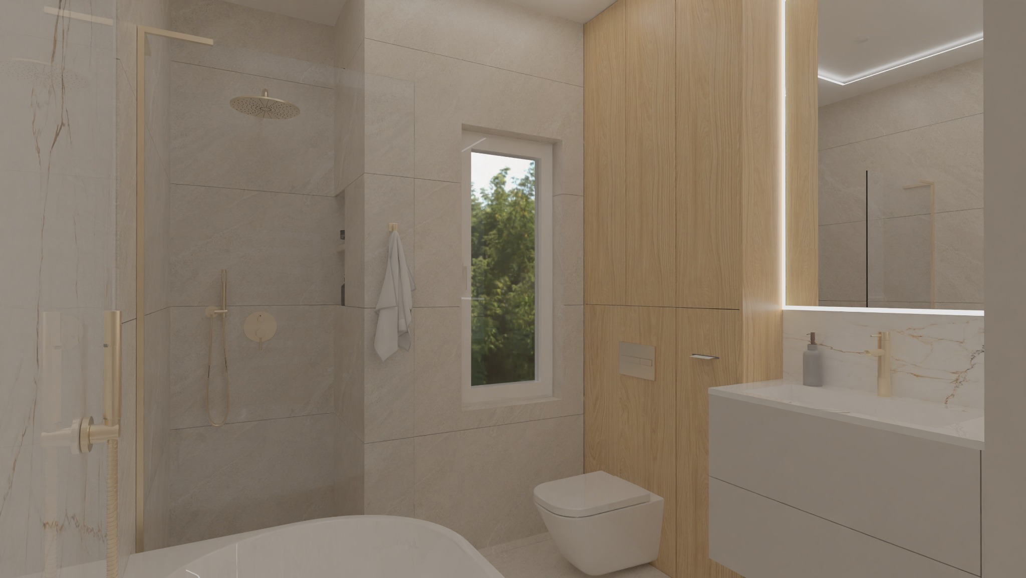 Jasna łazienka z kabiną prysznicową typu walk-in, drewnianą zabudową i oknem z widokiem na zieleń. Armatura w kolorze złotym. Minimalistyczny design.