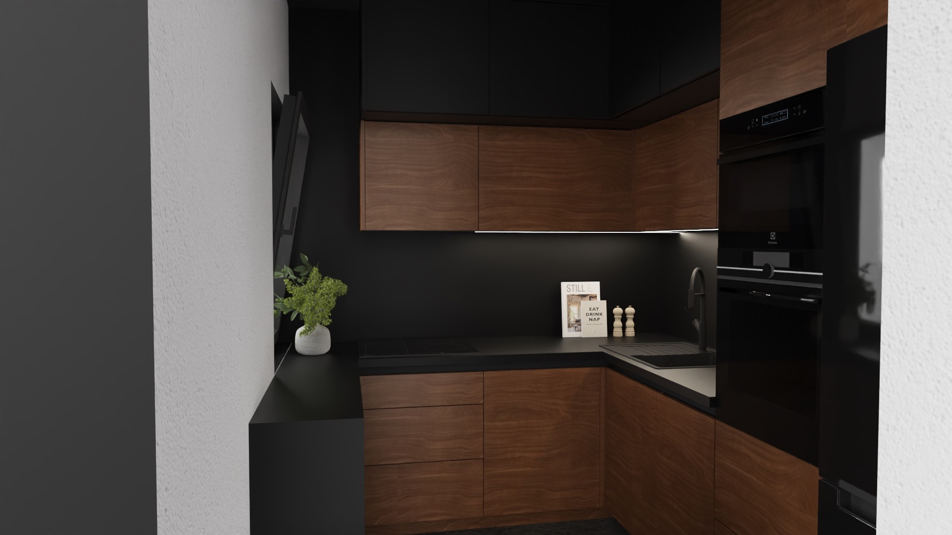 Nowoczesna kuchnia z drewnianymi frontami szafek, czarnym blatem i sprzętem AGD. Na blacie wazonik z zielenią i dekoracje. Minimalistyczny design, ciepłe oświetlenie.