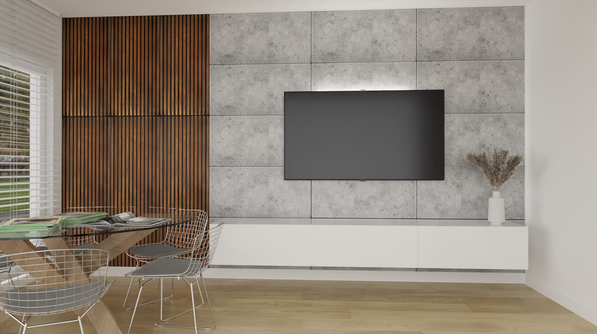 Nowoczesny salon z drewnianą ścianą, betonowymi panelami i telewizorem. Szklany stół z metalowymi krzesłami. Minimalistyczny design, jasne drewno na podłodze.
