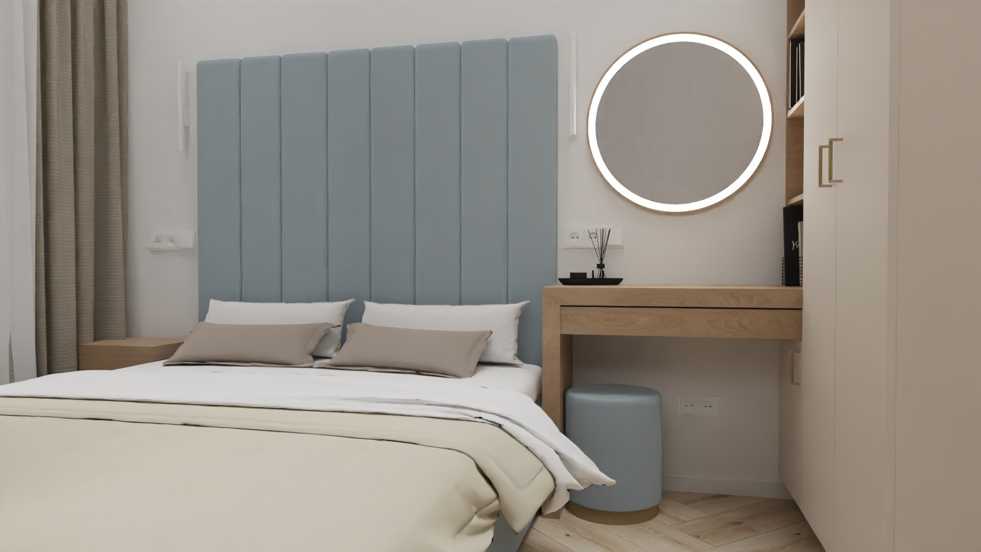 Nowoczesna sypialnia z łóżkiem, toaletką z okrągłym lustrem LED i szafą w zabudowie. Jasne kolory i drewniane akcenty tworzą przytulną atmosferę.