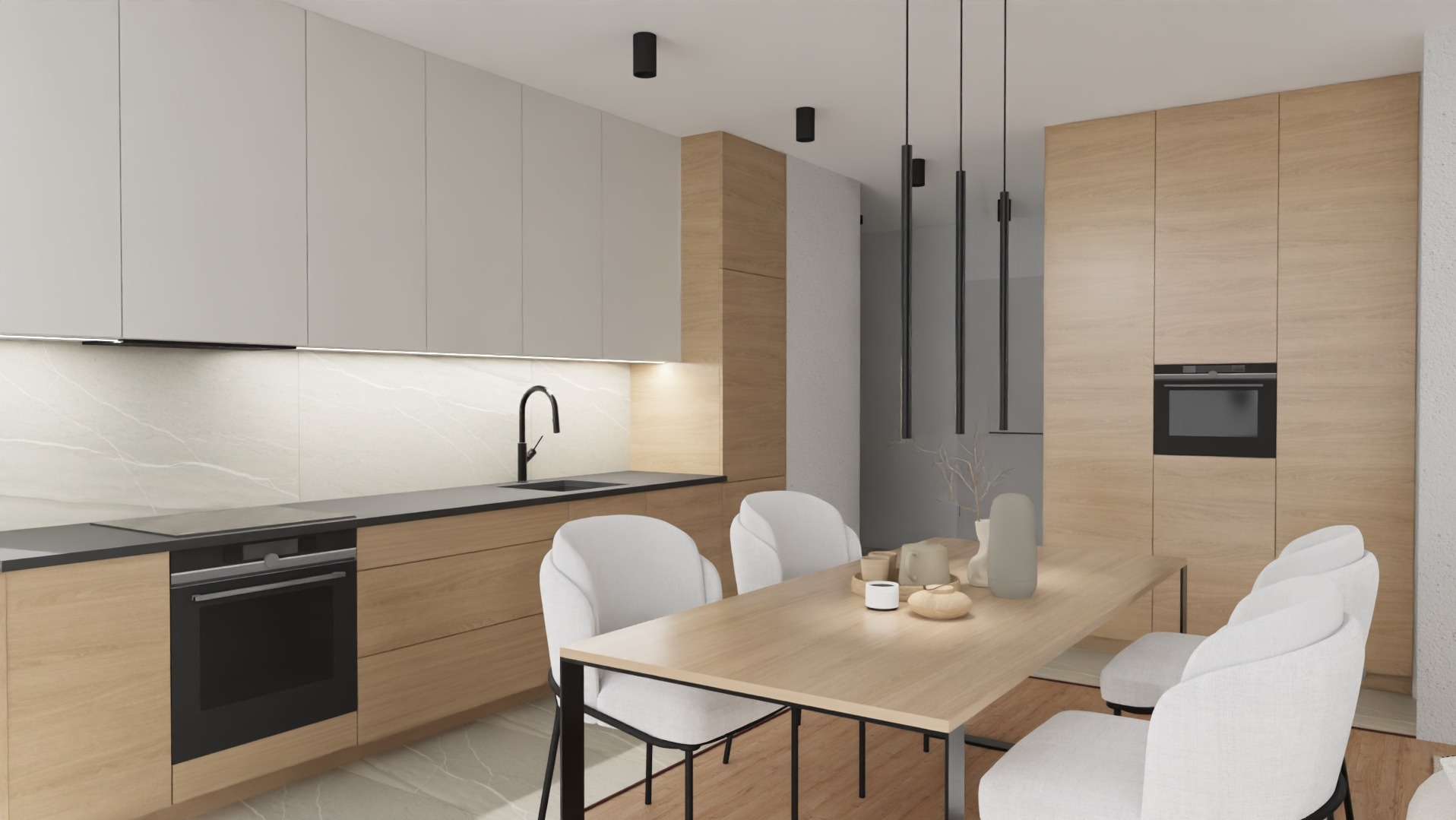 Jasna kuchnia z drewnianymi i białymi szafkami, czarną armaturą i lampami wiszącymi nad stołem z białymi krzesłami. Minimalistyczny design z subtelnym oświetleniem.