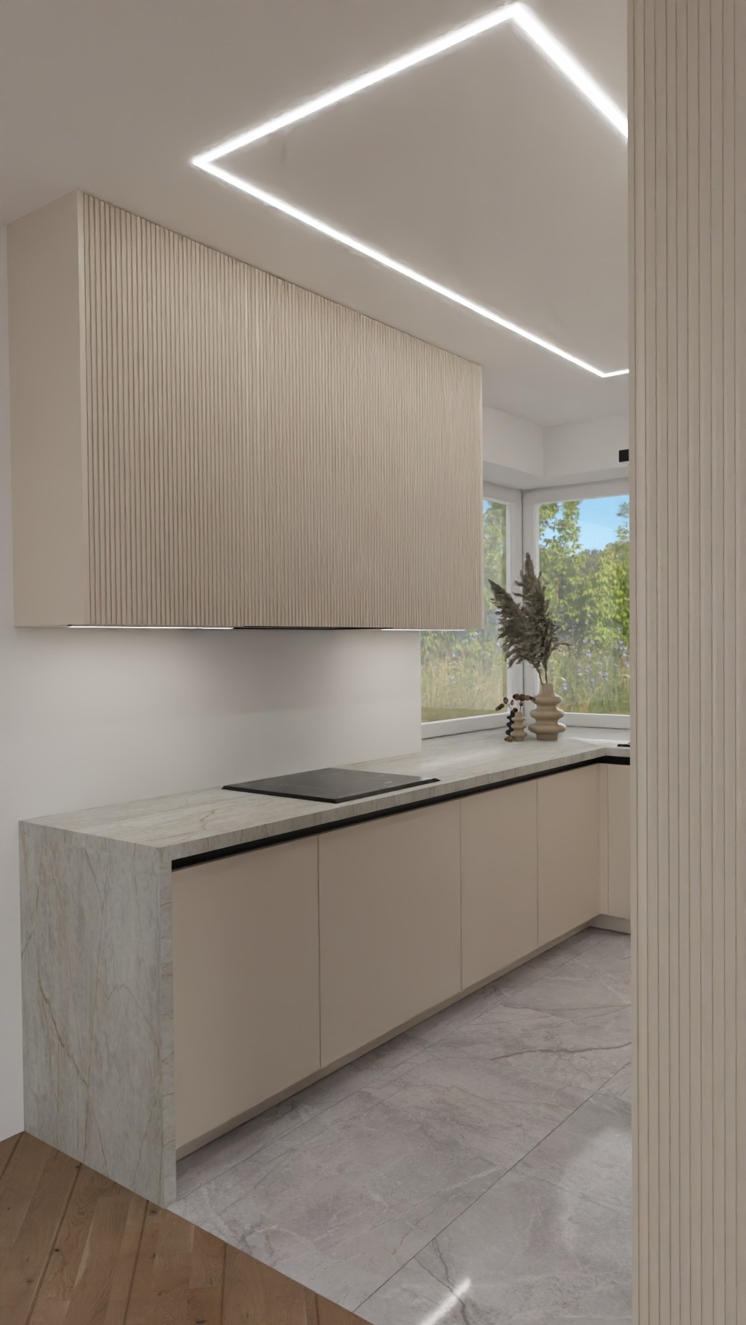 Nowoczesna kuchnia w beżach: zabudowa z ryflowanymi frontami, marmurowy blat, płyta indukcyjna. Oświetlenie LED podkreśla minimalistyczny design i widok za oknem.