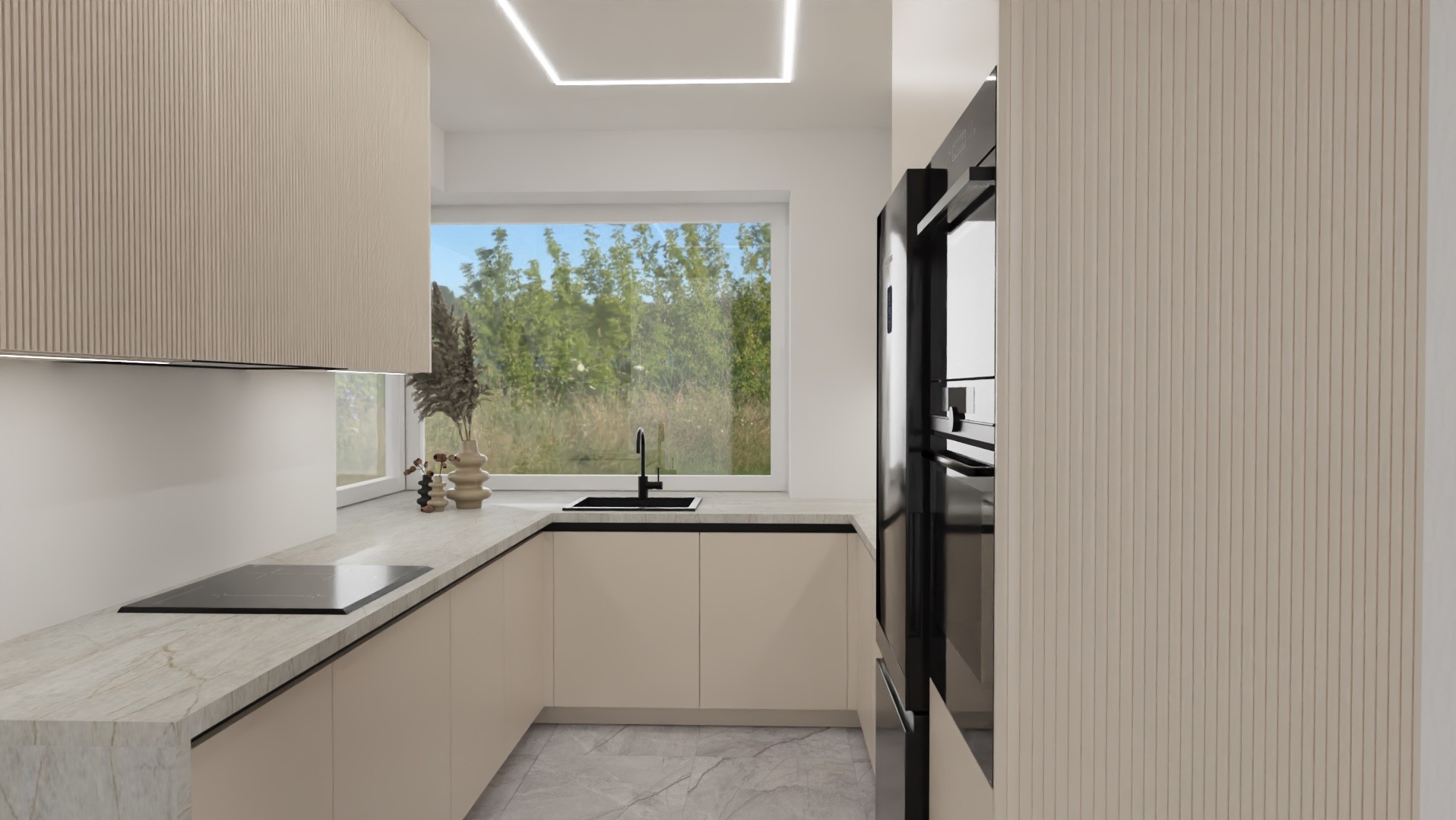 Minimalistyczna kuchnia w beżach z czarnymi akcentami: zlew, płyta, piekarnik. Ryflowane fronty szafek, marmurowy blat, widok na zieleń za oknem. Nowoczesne oświetlenie.