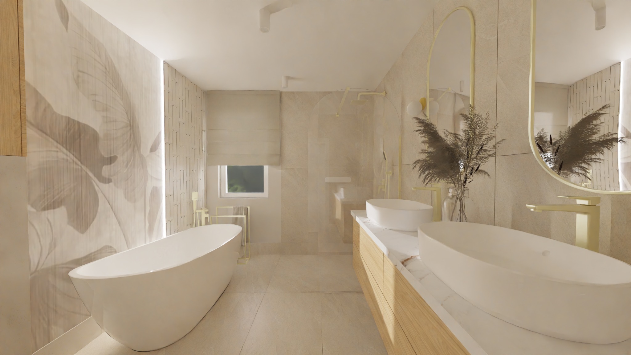 Jasna łazienka z wolnostojącą wanną i umywalkami nablatowymi. Na ścianie dekoracyjny motyw roślinny, a nad umywalkami owalne lustra w złotej ramie.