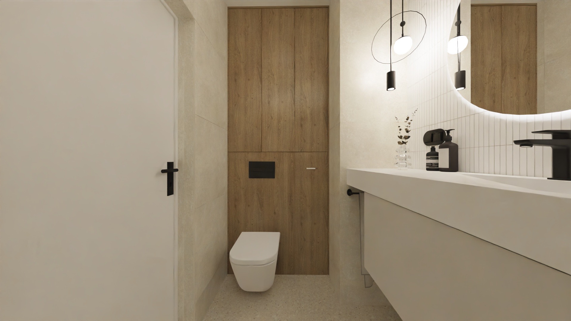 Nowoczesna łazienka z drewnianą zabudową, podświetlanym lustrem i minimalistyczną armaturą w odcieniach bieli i beżu. Uwagę zwraca wisząca lampa nad umywalką.