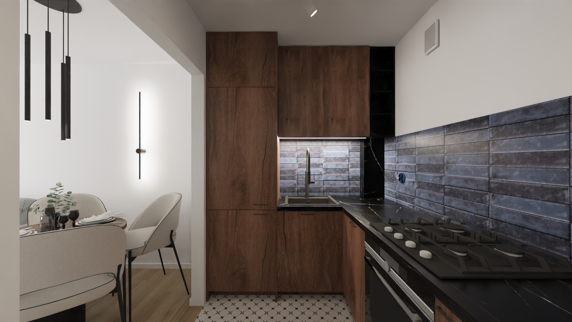 Nowoczesna kuchnia z drewnianymi szafkami, czarnym blatem i płytkami w odcieniach szarości. Widoczny stół z krzesłami i designerskie oświetlenie.