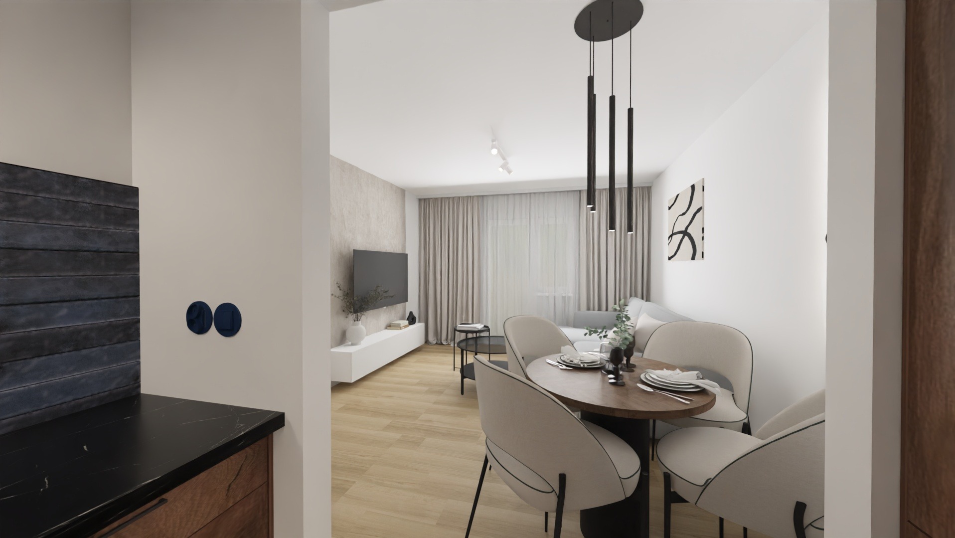 Nowoczesne wnętrze: jadalnia z okrągłym stołem i krzesłami w odcieniach beżu, minimalistyczna lampa wisząca, salon z TV w tle. Neutralna kolorystyka, jasne drewno na podłodze.