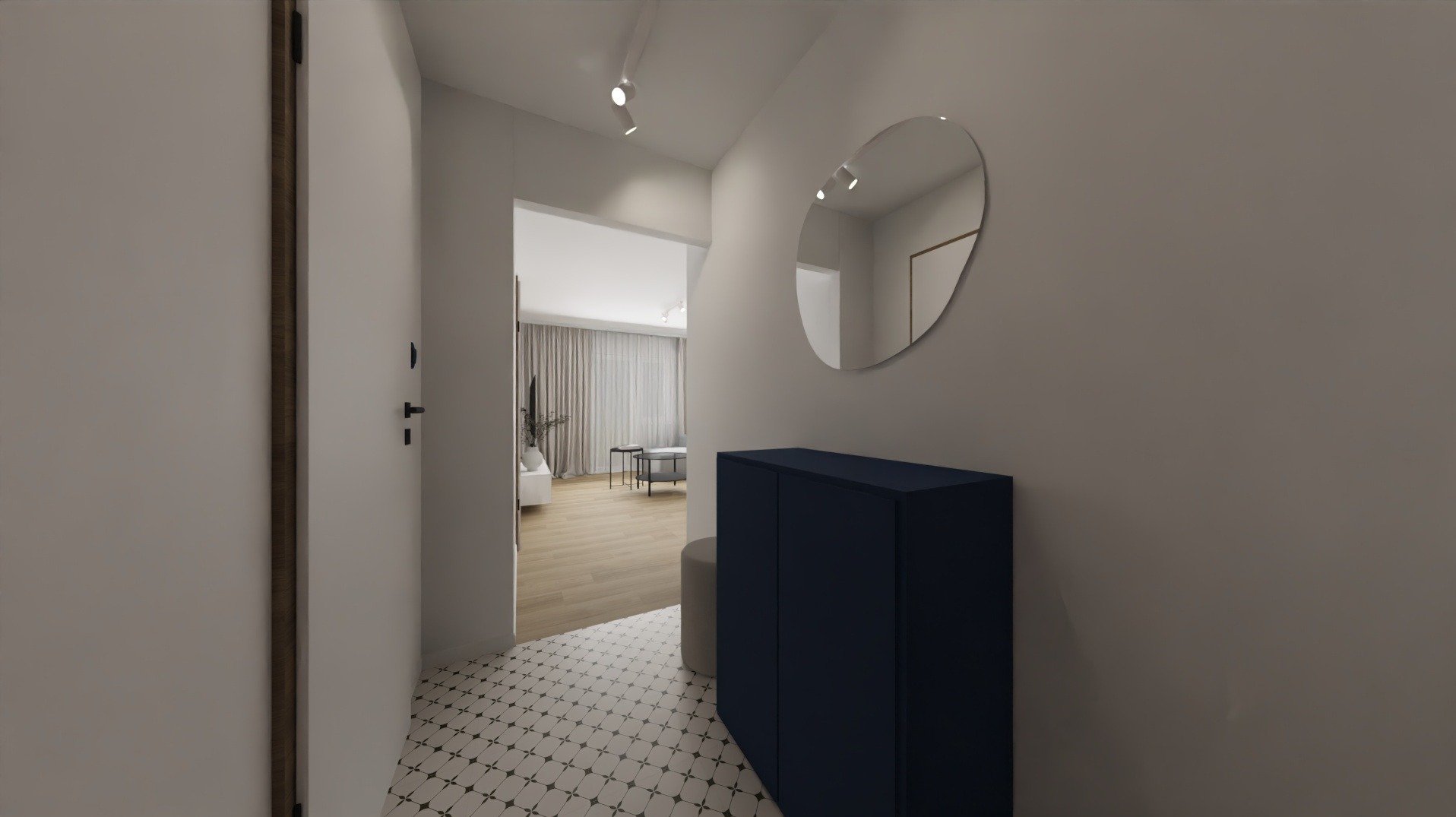Nowoczesny przedpokój z granatową szafką, okrągłym lustrem i wzorzystą podłogą. Widok na salon z jasnymi zasłonami. Minimalistyczne oświetlenie punktowe.