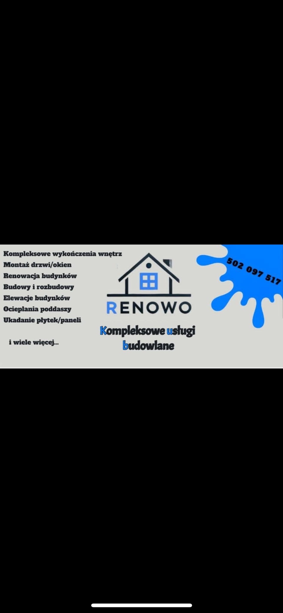 Logo firmy Renowo oferującej kompleksowe usługi budowlane, w tym wykończenia wnętrz, montaż okien, renowacje, elewacje, ocieplenia i układanie płytek. Numer telefonu 502 097 517.