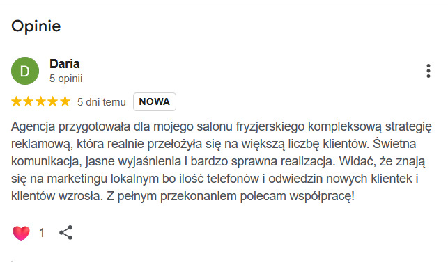 Opinia zadowolonej klientki salonu fryzjerskiego o kompleksowej strategii reklamowej, która przełożyła się na wzrost liczby klientów. Pięć gwiazdek i rekomendacja.