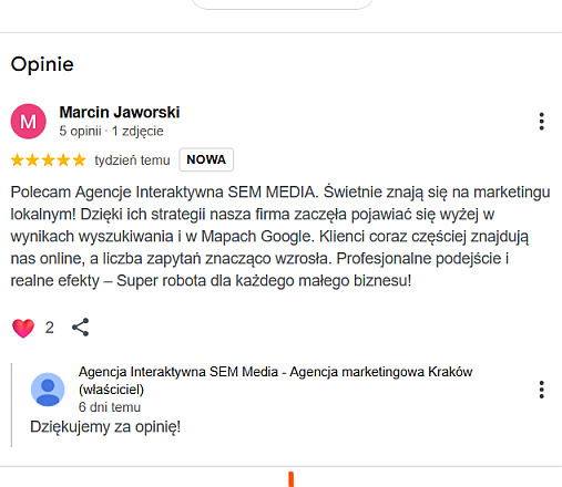 Opinia klienta o Agencji Interaktywnej SEM Media z oceną 5 gwiazdek, podkreślająca wzrost widoczności w Google i profesjonalne podejście. Tekst rekomendacji.