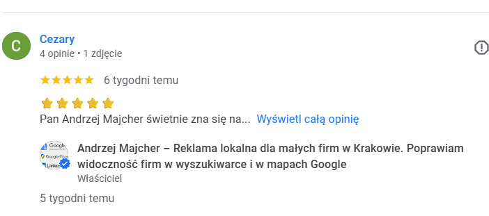 Opinia klienta 'Cezary' z 5 gwiazdkami dla Andrzeja Majchera, specjalisty od reklamy lokalnej w Google Maps i wyszukiwarce, widoczna na zrzucie ekranu.