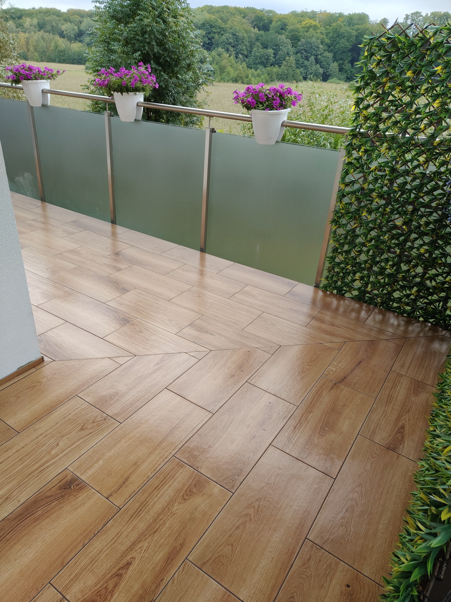 Błyszcząca, drewnopodobna terakota na balkonie z zieloną ścianką i kwiatami w doniczkach. Ułożenie płytek w jodełkę. Widok na zieleń za balkonem.