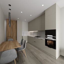 Dk Design - Beżowa kuchnia z drewnianym stołem i szarymi krzesłami. Minimalistyczny design z marmurowym blatem i oświetleniem punktowym. Nowoczesne wykończenie.