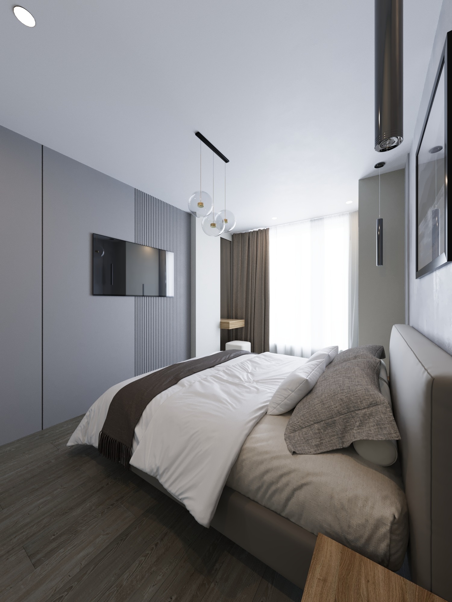 Nowoczesna sypialnia z łóżkiem, wiszącą lampą kulistą i telewizorem na ścianie z dekoracyjnymi panelami. Minimalistyczny design, drewniana podłoga, stonowana kolorystyka.