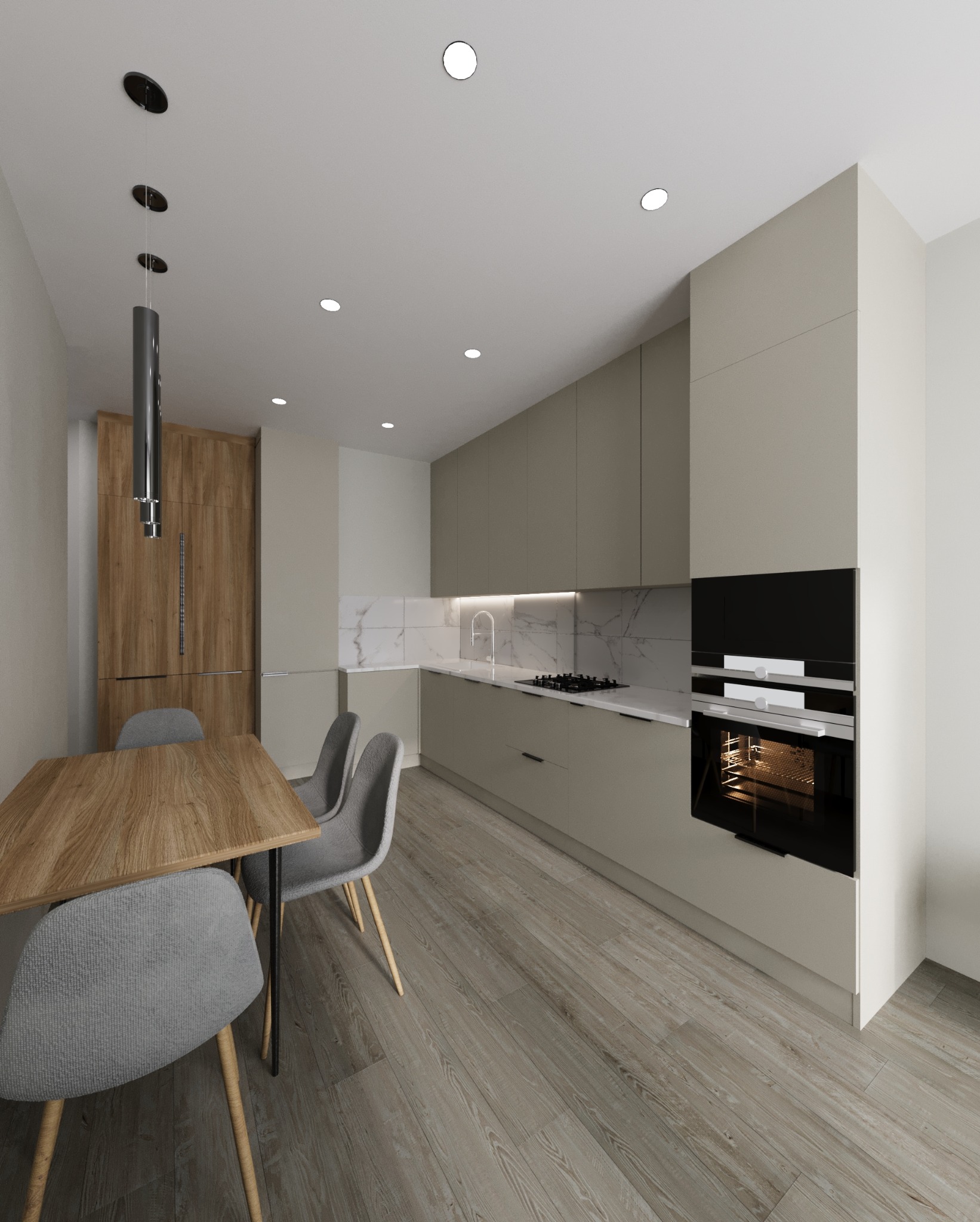 Beżowa kuchnia z drewnianym stołem i szarymi krzesłami. Minimalistyczny design z marmurowym blatem i oświetleniem punktowym. Nowoczesne wykończenie.