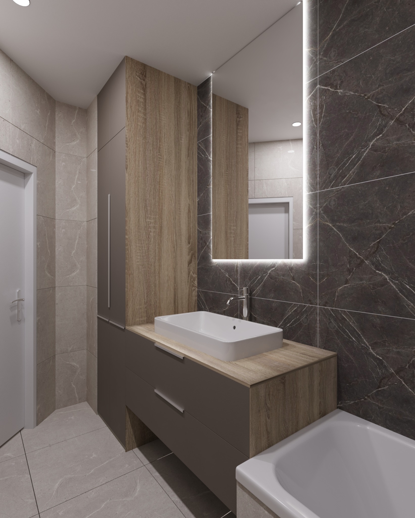 Nowoczesna łazienka z drewnianą szafką pod umywalką i podświetlanym lustrem. Ciemne marmurowe płytki na ścianie dodają elegancji. Minimalistyczny design.