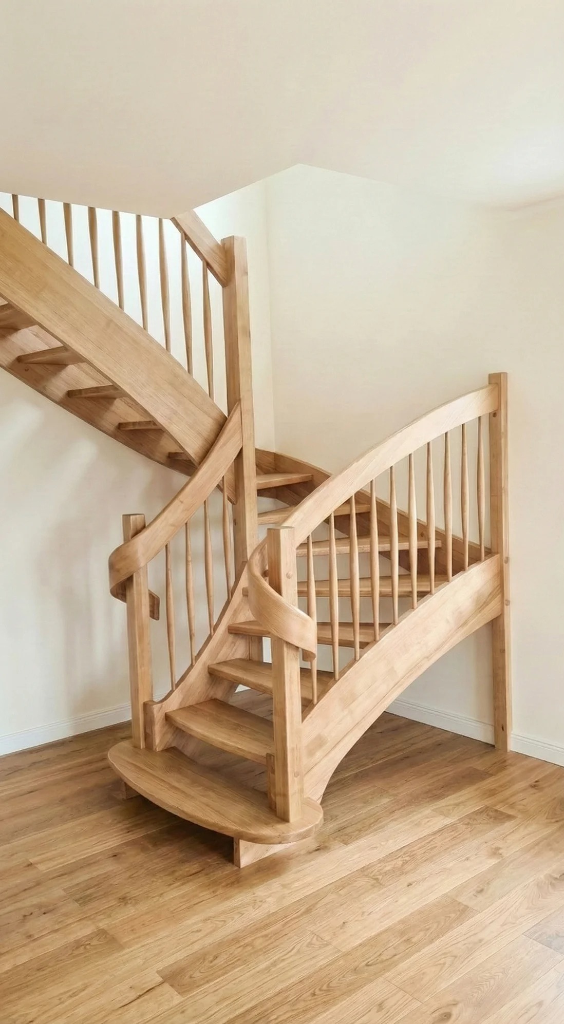 Ażurowe, drewniane schody zabiegowe w kształcie litery C, z jasnego drewna, z delikatnymi balustradami, na tle jasnej ściany i drewnianej podłogi.