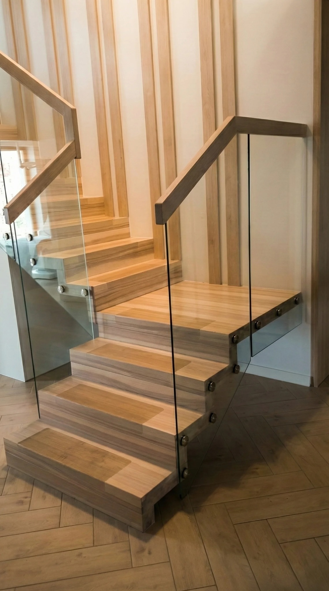 Nowoczesne schody dywanowe z jasnego drewna jesionowego, z balustradą ze szkła mocowanego punktowo. Minimalistyczny design, drewniane lamele na ścianie w tle.