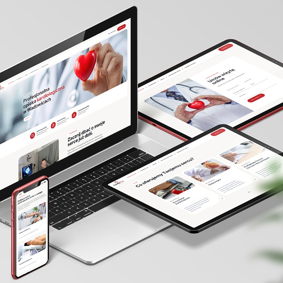 Responsywny design strony kardiologicznej na laptopie, tablecie i smartfonie. Ekrany prezentują spójny układ i kolorystykę, podkreślając profesjonalizm i dbałość o detale.
