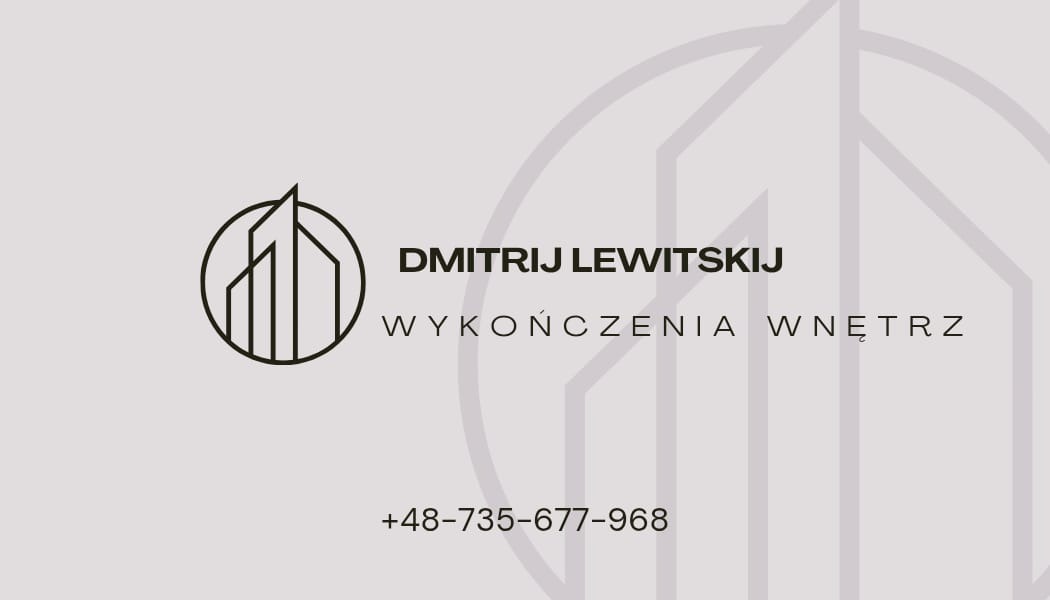 Wizytówka firmy 'Dmitrij Lewitskij Wykończenia Wnętrz' z minimalistycznym logo przedstawiającym budynek i numerem telefonu na jasnoszarym tle.