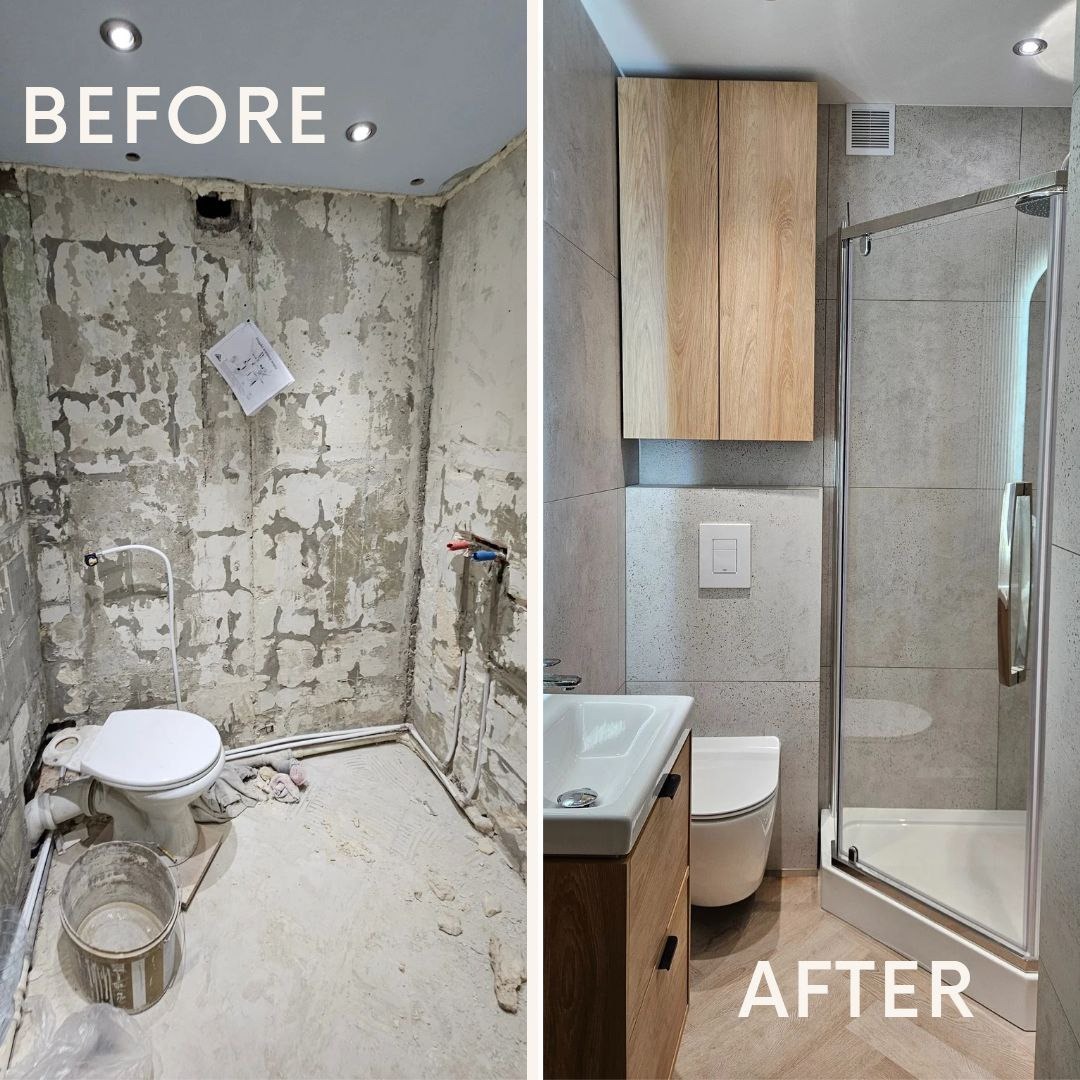 Zdjęcie łazienki przed i po remoncie. Po lewej surowe ściany, po prawej nowoczesna kabina prysznicowa, umywalka z szafką i wisząca szafka. Jasne płytki i drewniane akcenty.