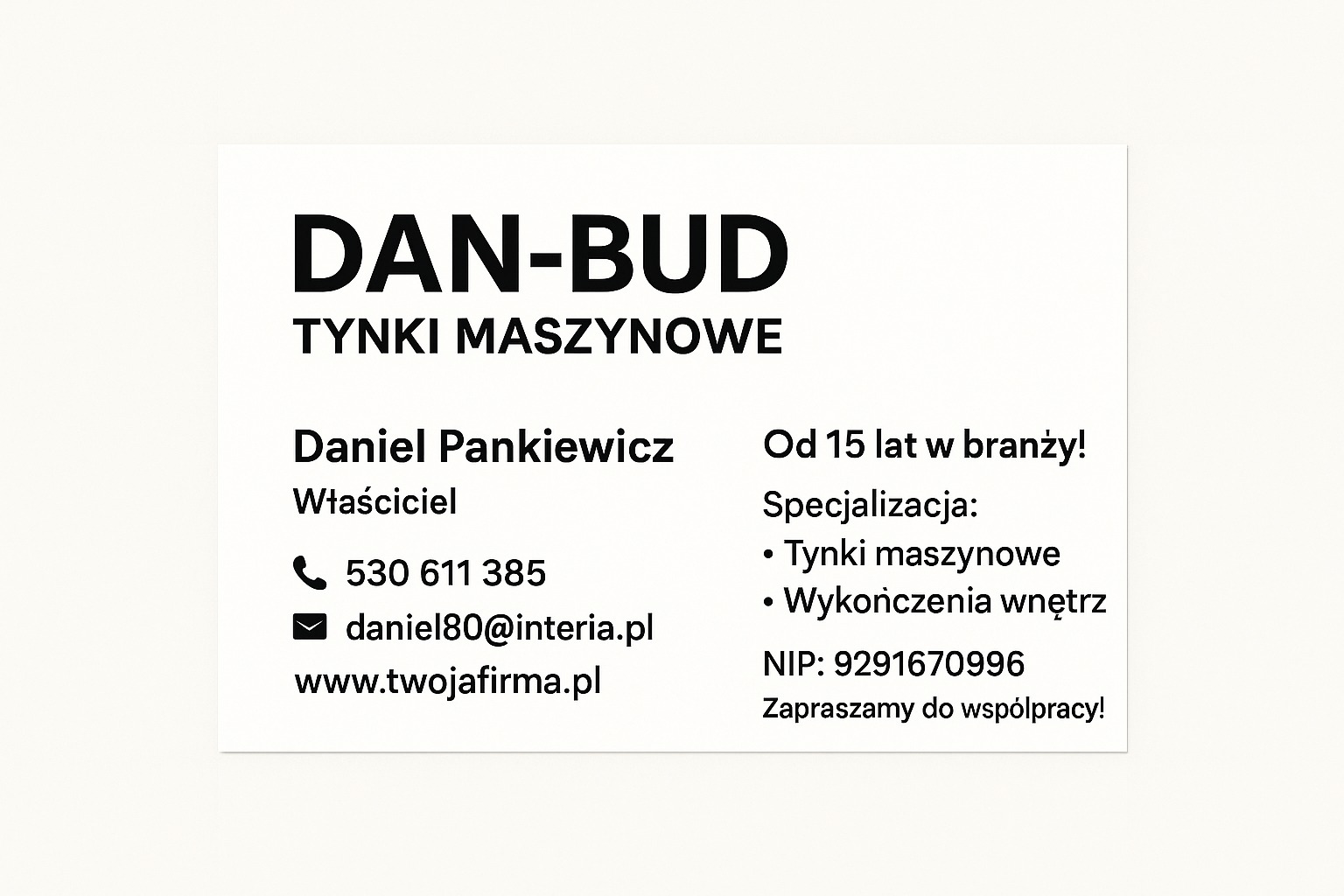 Wizytówka firmy DAN-BUD oferującej tynki maszynowe i wykończenia wnętrz. Kontakt: Daniel Pankiewicz, telefon, e-mail, strona www. Zaprasza do współpracy.