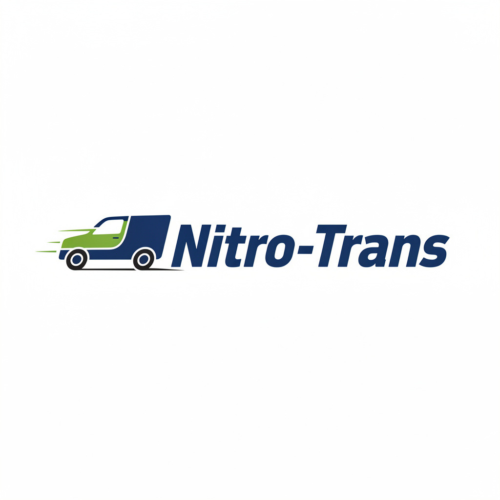 Logo firmy Nitro-Trans z zielono-granatowym busem w ruchu, symbolizujące szybki transport. Nazwa firmy w granatowej, pochylonej czcionce.