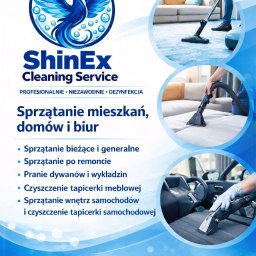 ShinEx Cleaning Service - Grafika reklamowa firmy ShinEx Cleaning Service: sprzątanie mieszkań, domów, biur, pranie dywanów, czyszczenie tapicerki. Kontakt: +48 730 112 365.