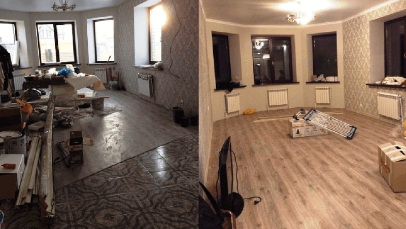 Zdjęcie 'przed i po' prezentujące remont pokoju: po lewej stronie bałagan i stare płytki, po prawej odnowione wnętrze z nową podłogą i tapetą.