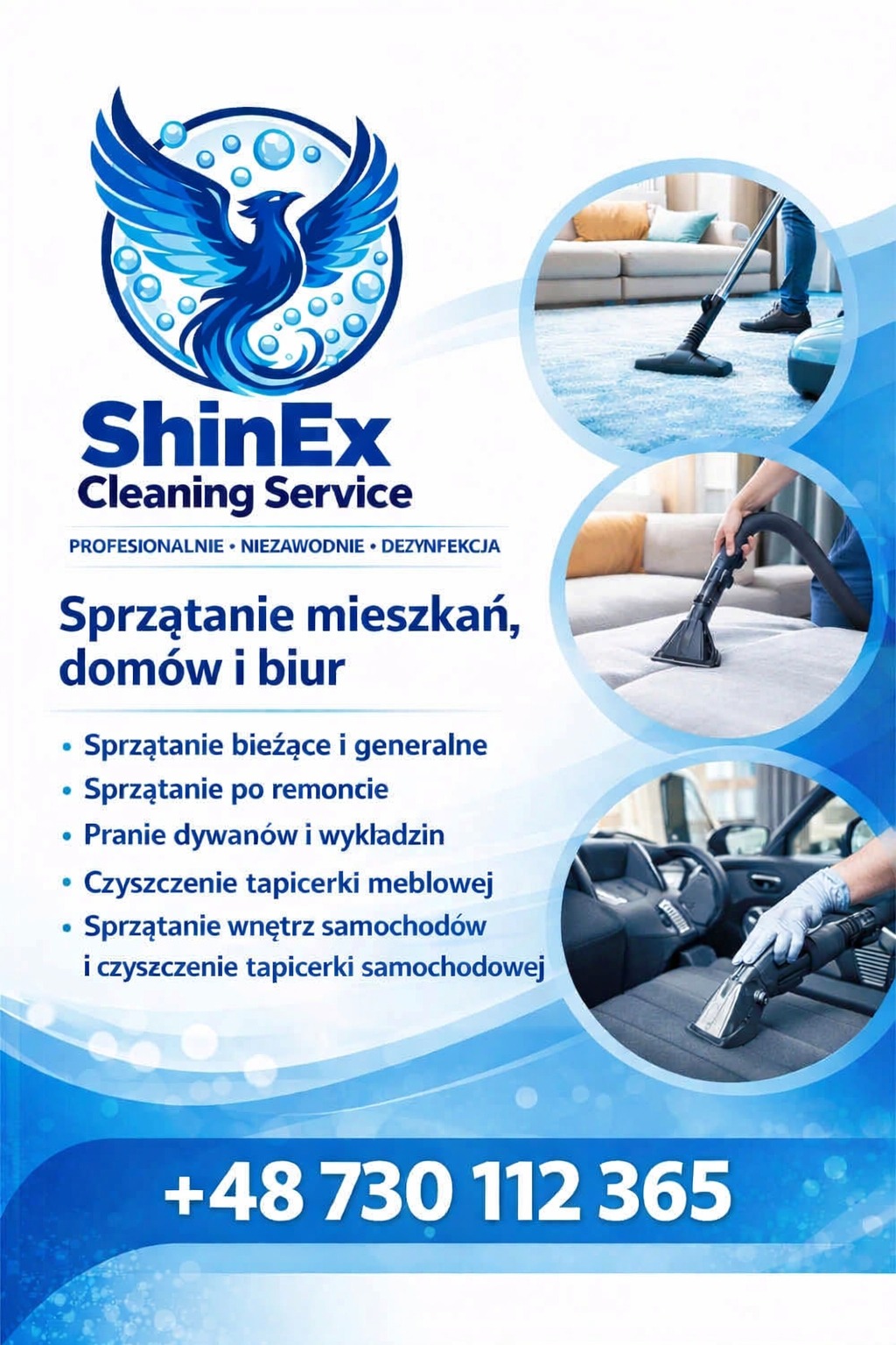 Grafika reklamowa firmy ShinEx Cleaning Service: sprzątanie mieszkań, domów, biur, pranie dywanów, czyszczenie tapicerki. Kontakt: +48 730 112 365.