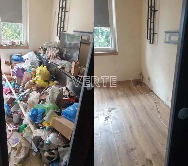 Zdjęcie typu 'przed i po' przedstawia pokój: zagracony przed opróżnieniem i czysty po usunięciu śmieci. Widoczne okno i dekoracja ścienna. Podłoga z paneli.