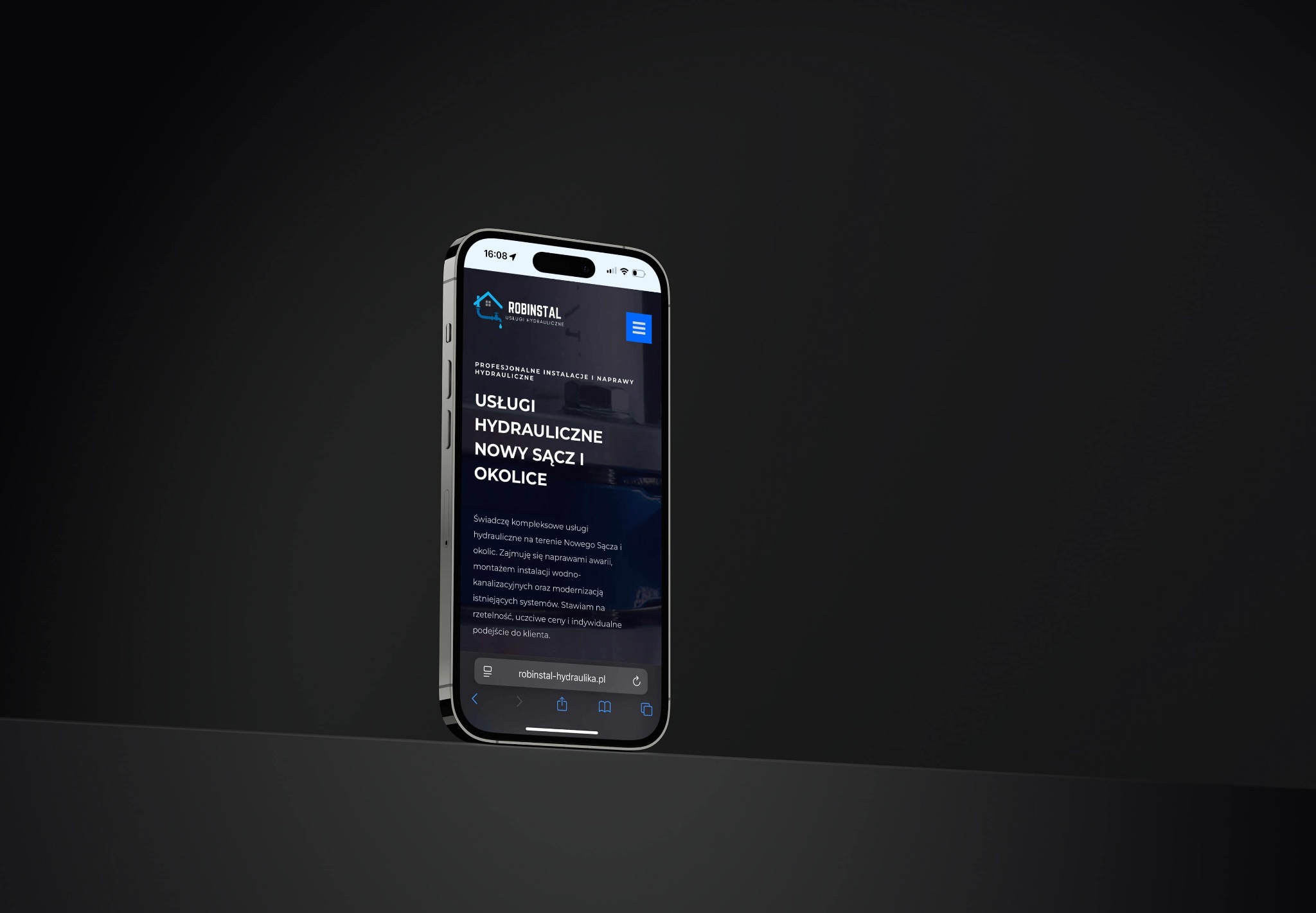 Strona mobilna firmy Robinstal Hydraulika na smartfonie, prezentująca ofertę usług hydraulicznych w Nowym Sączu i okolicach. Minimalistyczny design, ciemne tło.
