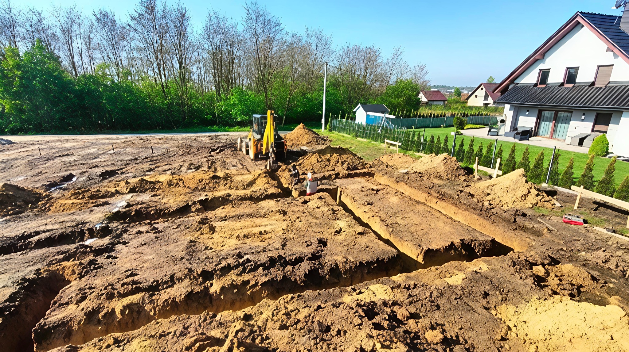 Żółta koparko-ładowarka przy wykopie pod fundamenty domu jednorodzinnego. Widok z góry na wykopane rowy w ziemi, w tle zieleń i budynek.