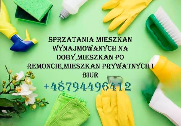 Artykuły do utrzymania czystości i kwiaty na zielonym tle. Oferta sprzątania mieszkań w Warszawie. Gumowe rękawice, ściereczki i płyny do czyszczenia.