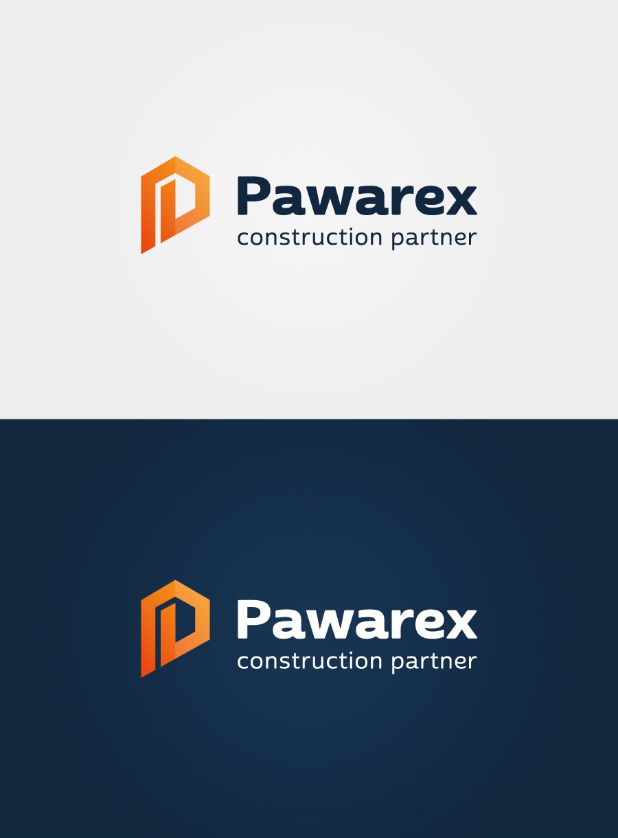 Logo firmy budowlanej Pawarex z pomarańczowym symbolem i napisem 'construction partner' na jasnym i ciemnym tle.