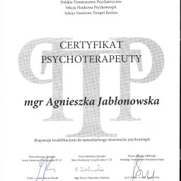 Certyfikat Psychoterapeuty nr 820 Sekcji Naukowej Psychoterapii Polskiego Towarzystwa Psychiatrycznego